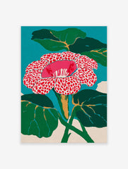 Vibrant red and white spotted Rafflesia flower wall art with green leaves and a teal background, in a modern botanical painting style.