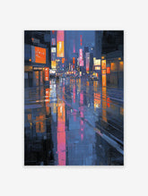 Vibrant rainy city street art painting at night with colorful neon light reflections on wet pavement and buildings.