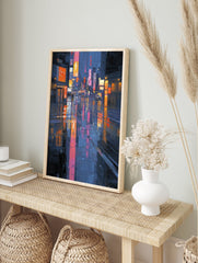 Vibrant rainy city street art painting at night with colorful neon light reflections on wet pavement and buildings. - Image 3