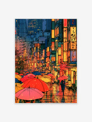 Anime style rainy city street illustration with colourful umbrellas and neon kanji signs at night