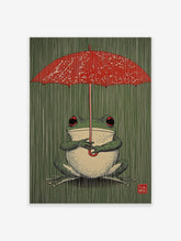 Illustrative green frog with red eyes holding a red umbrella in the rain, against a dark green background
