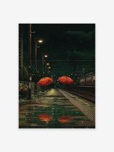 Rainy night train station poster with two orange umbrellas on a wet platform and a train on tracks, in anime style.