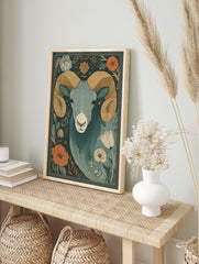 Ram and floral illustration poster featuring a majestic ram with large horns surrounded by various flowers and leaves. - Image 4