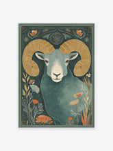 Ram animal poster with large gold horns on a dark teal background surrounded by stylized orange and blue flowers.