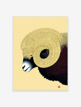 Illustrative ram head wall art with golden textured horns and black and white face on a yellow background