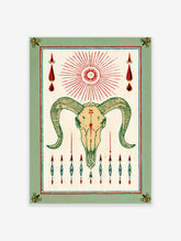 Ram skull with green horns, red sunburst and teardrops on cream background, occult art print