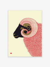 Stylised black ram head with red and gold spiral horns and red textured wool art print