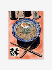 Ramen bowl poster with noodles, egg, and green onions, accompanied by bottles and chopsticks on an orange background.