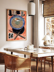 Ramen bowl poster with noodles, egg, and green onions, accompanied by bottles and chopsticks on an orange background. - Image 2