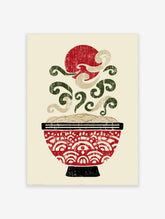 Red ramen bowl poster with beige noodles, green steam swirls, and red sun on cream background