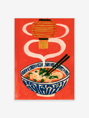 Ramen bowl illustration with a hanging lantern and chopsticks on a vibrant red background