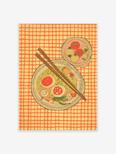Illustrative ramen noodle bowl wall art with chopsticks, eggs, and vegetables on a yellow and orange checkered background.