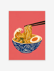 Illustration of ramen noodles styled like the Great Wave in a blue bowl on a red background