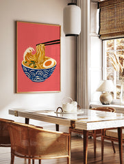 Illustration of ramen noodles styled like the Great Wave in a blue bowl on a red background, in a styled room mockup