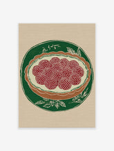 Vintage Japanese illustration of a raspberry tart on a green plate, perfect for kitchen wall art.