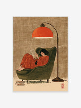 Illustrative art print of a woman in a red robe reading in a green armchair under a large orange floor lamp