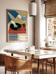 Graphic illustration of a hand on a vinyl record player and a person holding a patterned cup, in a styled room mockup