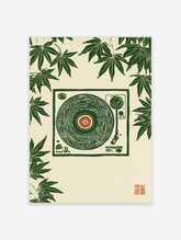 Illustrative green record player wall art with maple leaves on cream background