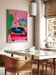 A vibrant painterly illustration of a red record player, a stack of vinyls, and a hand holding a, in a styled room mockup