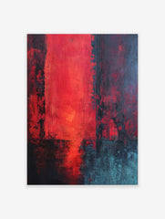Abstract art print with vibrant red central block, distressed black, and teal accents, vertical orientation
