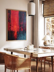 Abstract art print with vibrant red central block, distressed black, and teal accents, vertical, in a styled room mockup
