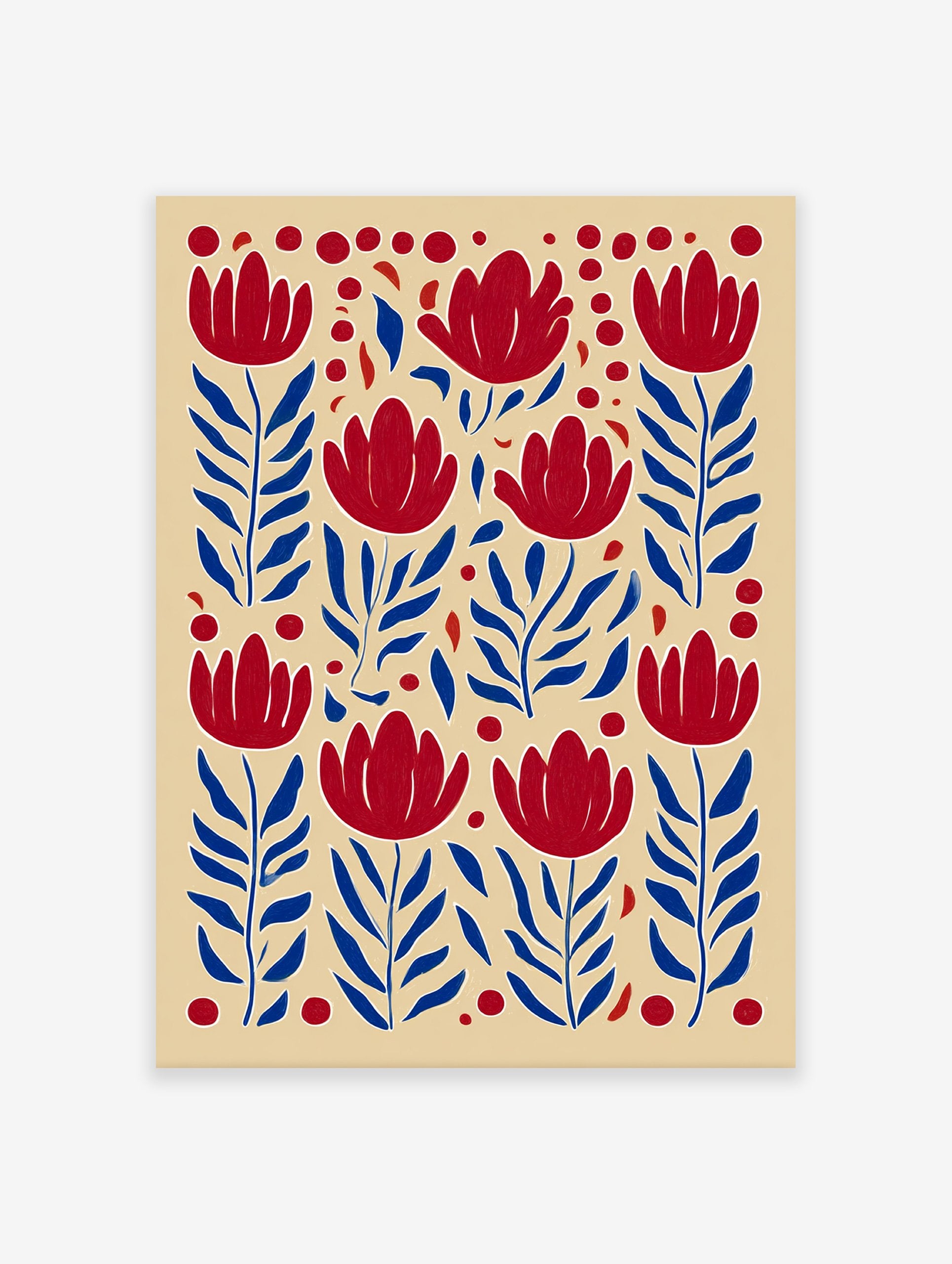 Red and blue floral pattern botanical illustration wall art print with stylized flowers and leaves on a beige background.