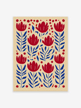 Red and blue floral pattern botanical illustration wall art print with stylized flowers and leaves on a beige background.