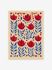 Red and blue floral pattern botanical illustration wall art print with stylized flowers and leaves on a beige background.