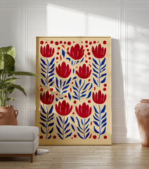 Red and blue floral pattern botanical illustration wall art print with stylized flowers and leaves on a beige background. - Image 3