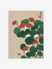 Red and green botanical illustration with white flowers and Japanese calligraphy on a beige background
