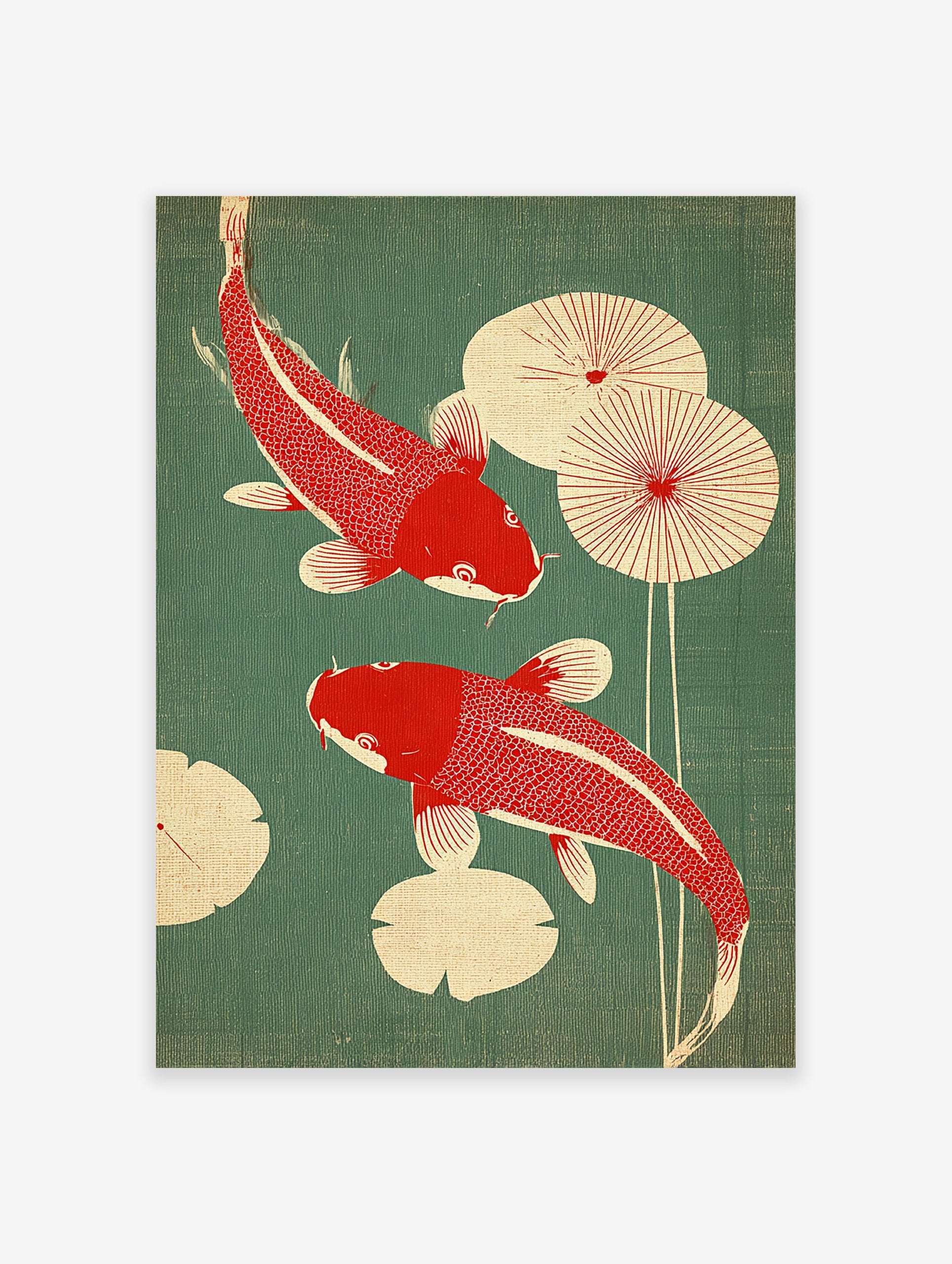 Red and green Japanese koi fish poster with two koi swimming among lily pads on a textured green background.