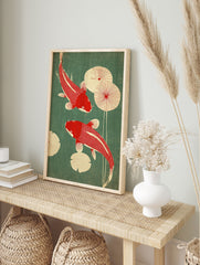 Red and green Japanese koi fish poster with two koi swimming among lily pads on a textured green background. - Image 4