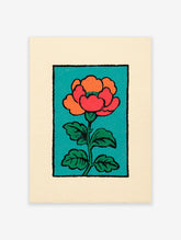 Red and orange flower botanical illustration print with green leaves on a teal background and cream border.