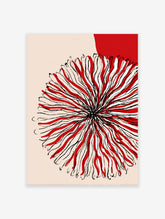 Red abstract flower art print with black lines on a light beige background and a red circle in the top right corner.