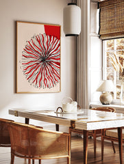 Red abstract flower art print with black lines on a light beige background and a red circle in the top right corner. - Image 2