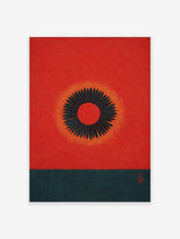 Red abstract sun wall art with a black geometric radiating motif, orange glow, and dark teal bottom section.