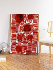 Red abstract wall art print with multiple stylized sunburst shapes and horizontal line patterns on a white background. - Image 2
