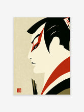 Red and black kabuki portrait print with white face and red eye marking on beige background