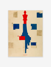 Red and blue chess king silhouette poster with geometric colour blocks and red 'CHESS' text on cream background