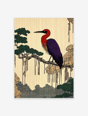 Japanese illustrative print of a red and purple heron on a tree branch with green foliage and hanging elements