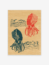 Red and teal squid poster with woodblock-style wave motifs on tan background
