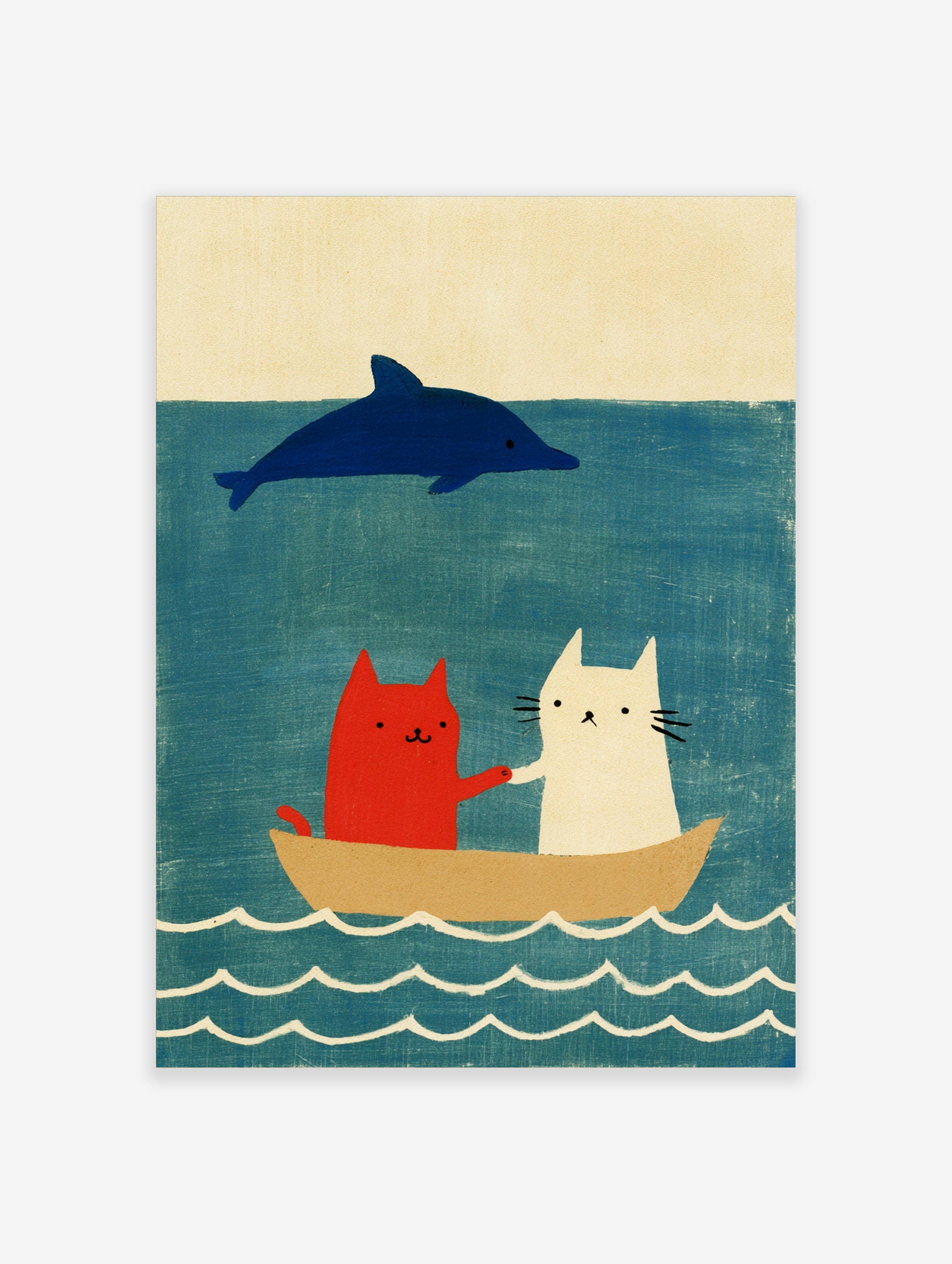 Red and white cat illustration with a blue dolphin in a boat on a blue sea