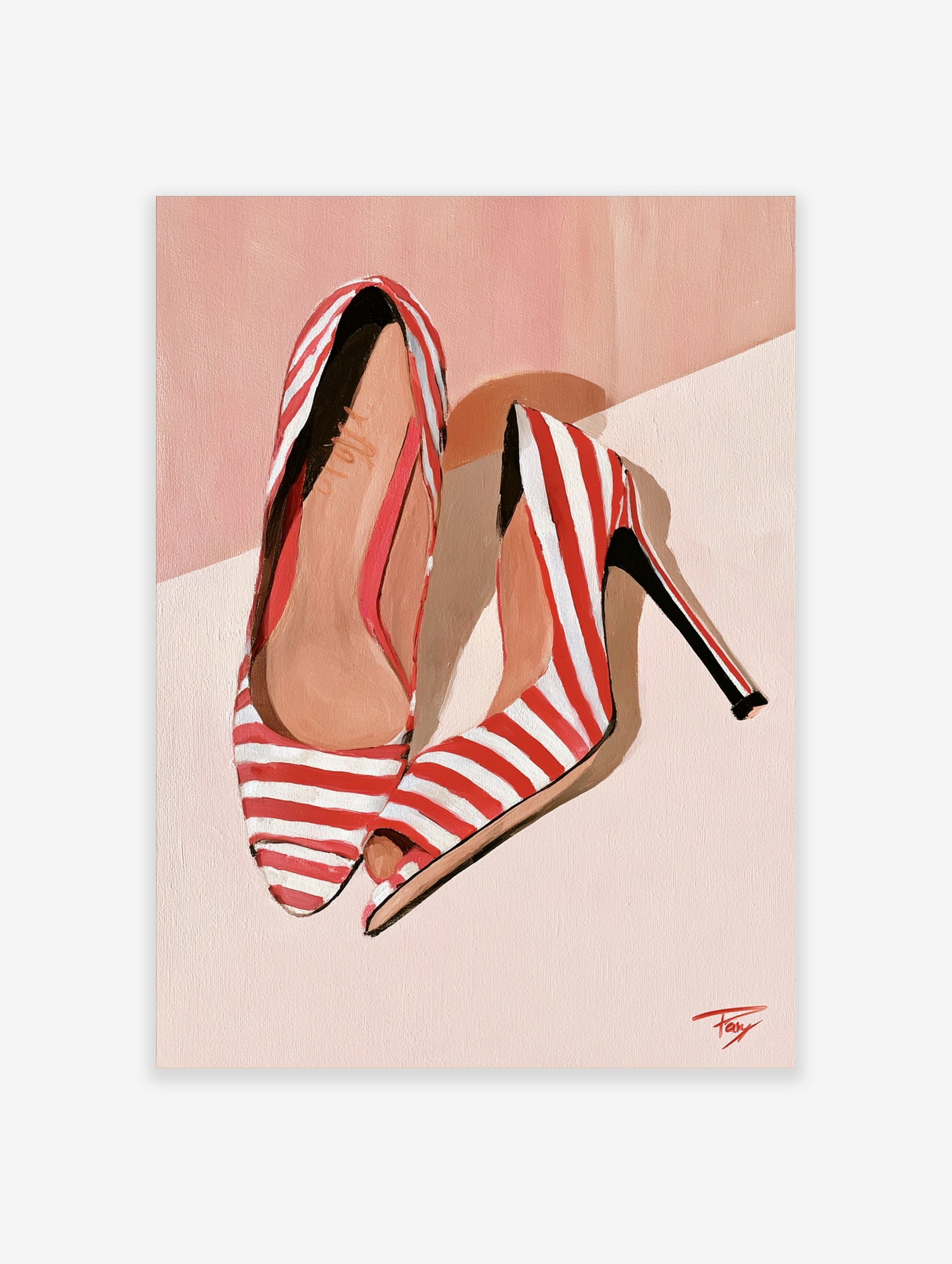 Fashion illustration of red and white striped high heels on a soft peach background