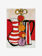 Red and white striped jug still life with stacked fruit and gold finial, colourful modern kitchen wall art print