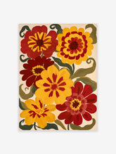 Stylised red and yellow flowers with olive green leaves and stems in a bold, illustrative floral wall art print
