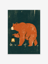 Red bear holding a lantern with a lit candle on a dark green background, rustic animal poster