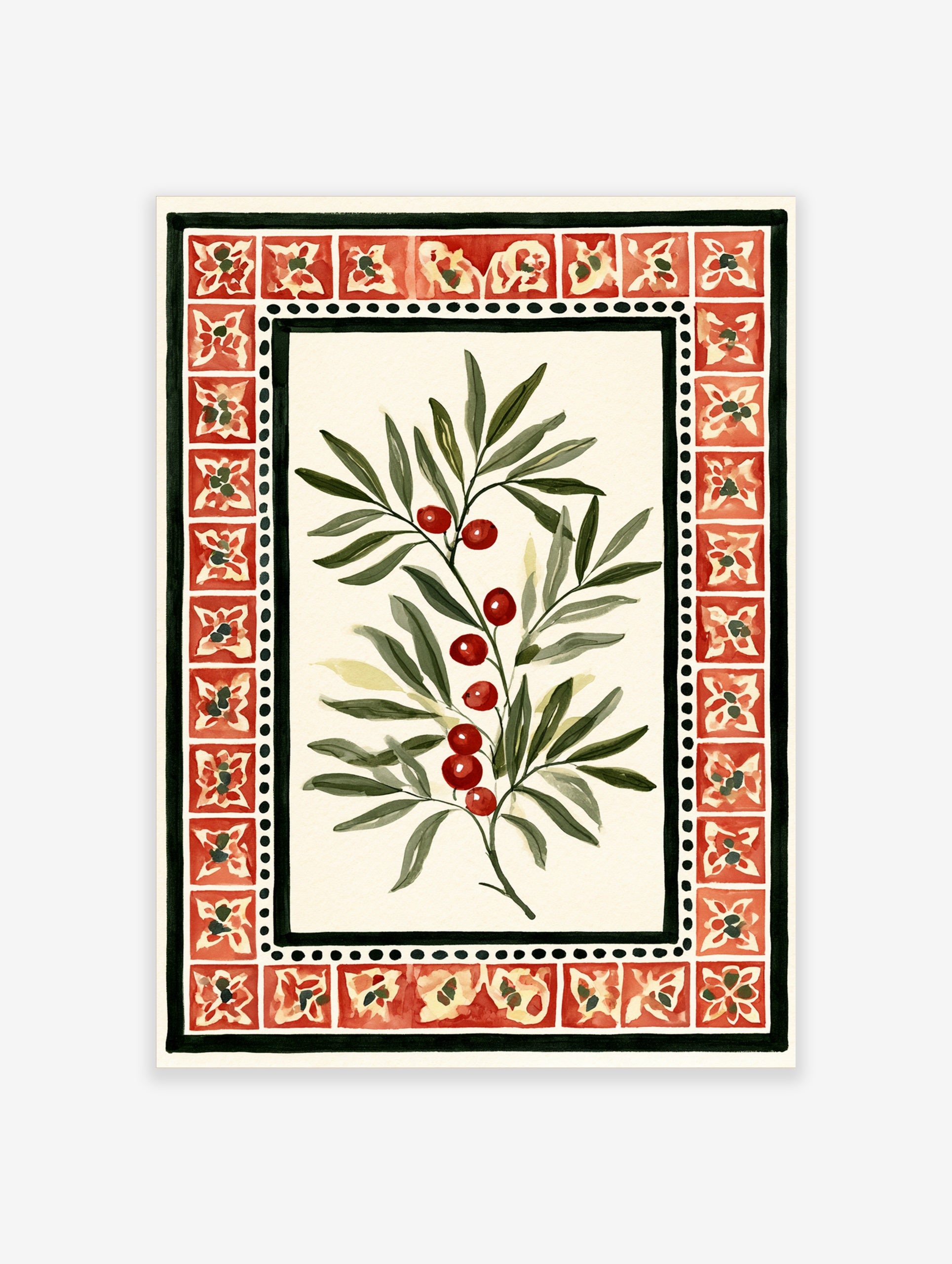 Botanical illustration of a branch with red berries and green leaves within a red tile border on cream paper