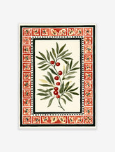 Botanical illustration of a branch with red berries and green leaves within a red tile border on cream paper