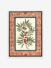 Botanical illustration of a branch with red berries and green leaves within a red tile border on cream paper