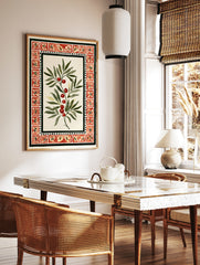 Botanical illustration of a branch with red berries and green leaves within a red tile border on, in a styled room mockup